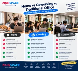 Comparison of home, coworking space and traditional office for work