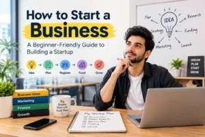 How to start a business beginner guide showing startup planning, registration, funding and growth
