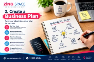 Create a business plan by setting goals, researching the market, planning strategy and managing finances